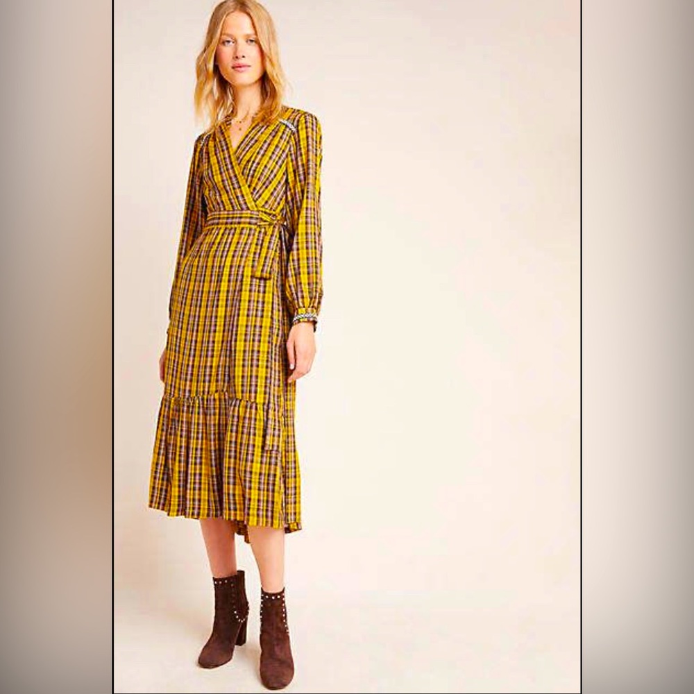 Anthropologie Dalton Mustard Plaid Fall Wrap Dress